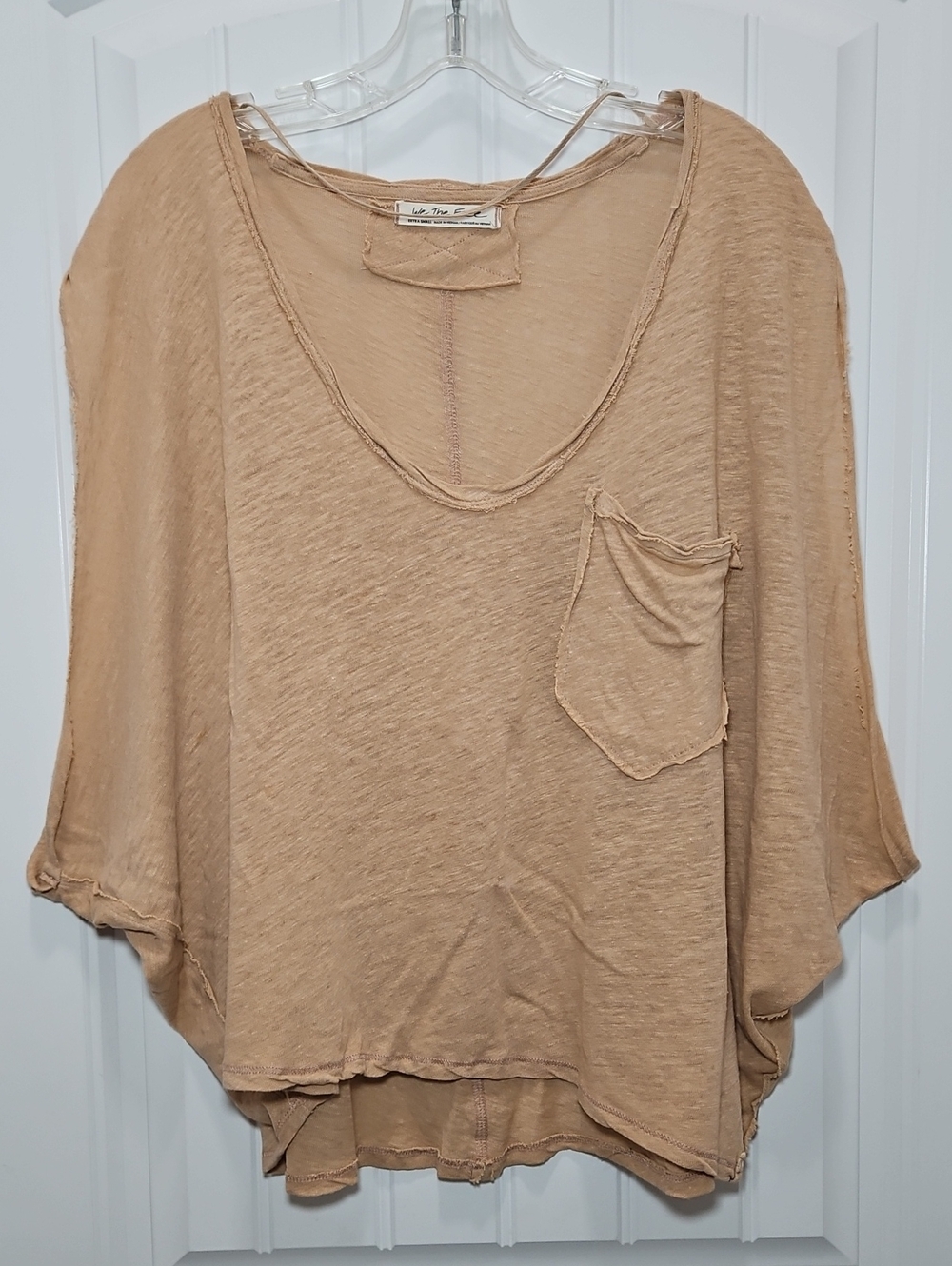 We The Free People Tan Slub V-Neck Top Oversized XS Linen Cotton Blend Women's